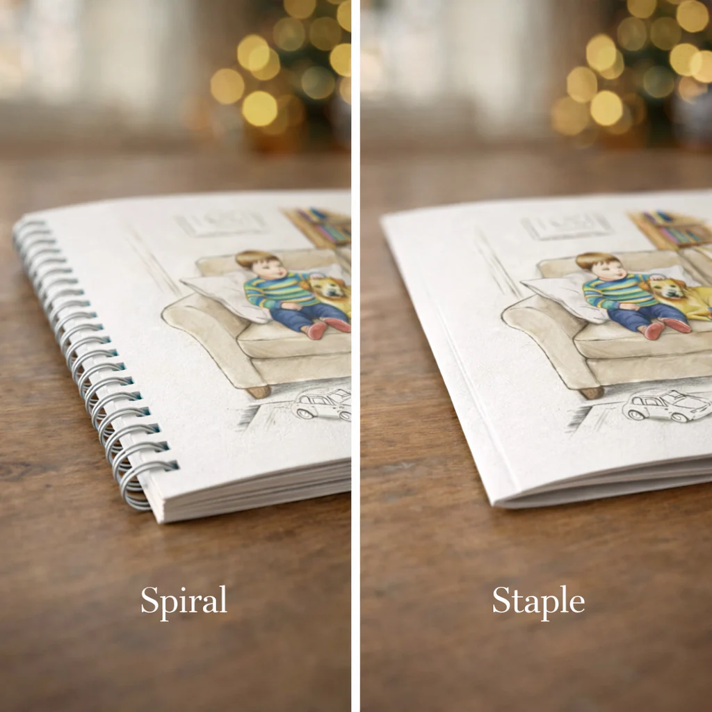 Spiral and staple binding options for a personalized coloring book