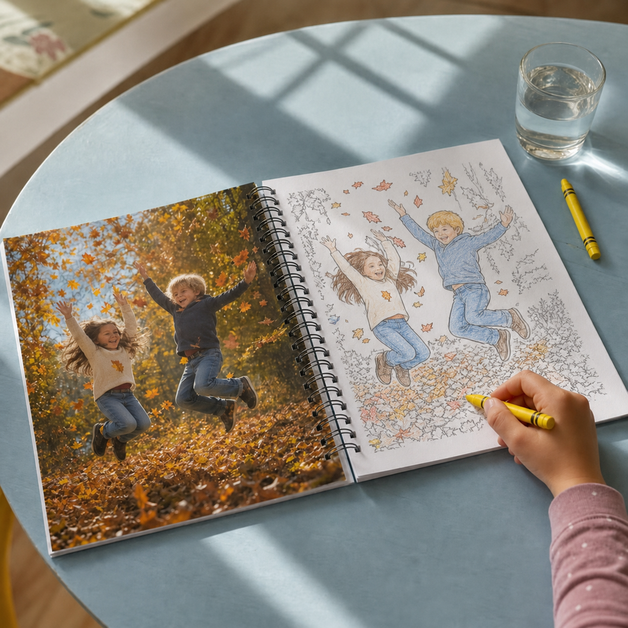 Child coloring part of a page beside the matching original autumn photo